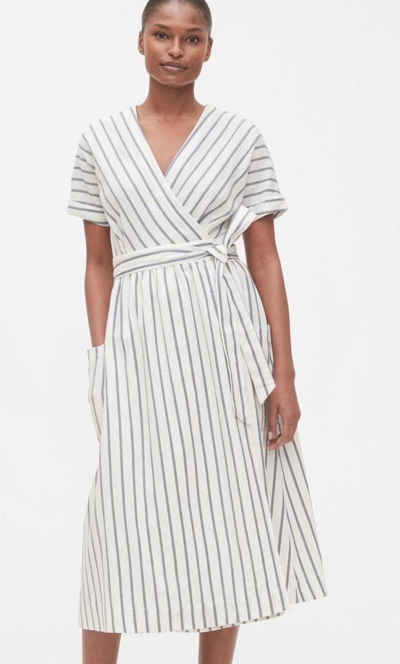 NWT Gap Linen Cotton Wrap Midi Dress Navy Stripe Utility Pockets Coastal Size 2